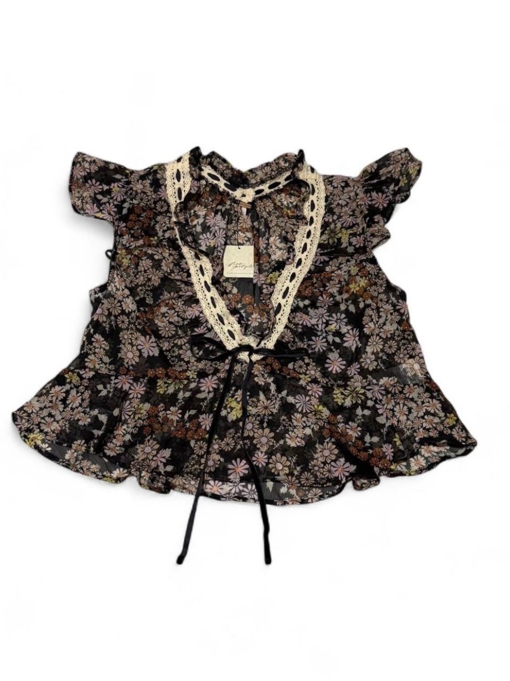 Free People Black Floral Lace-Trim Peplum Blouse